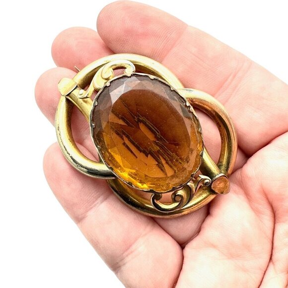 Antique Victorian Womans Brooch Gold Filled Citrine Glass Pin 1890s - Picture 3 of 5